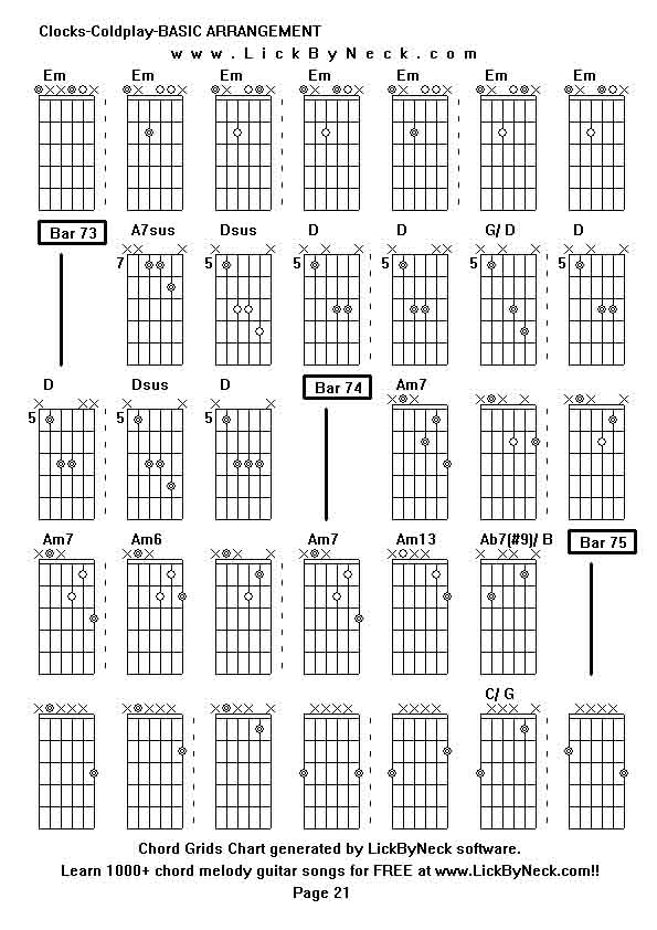 Chord Grids Chart of chord melody fingerstyle guitar song-Clocks-Coldplay-BASIC ARRANGEMENT,generated by LickByNeck software.